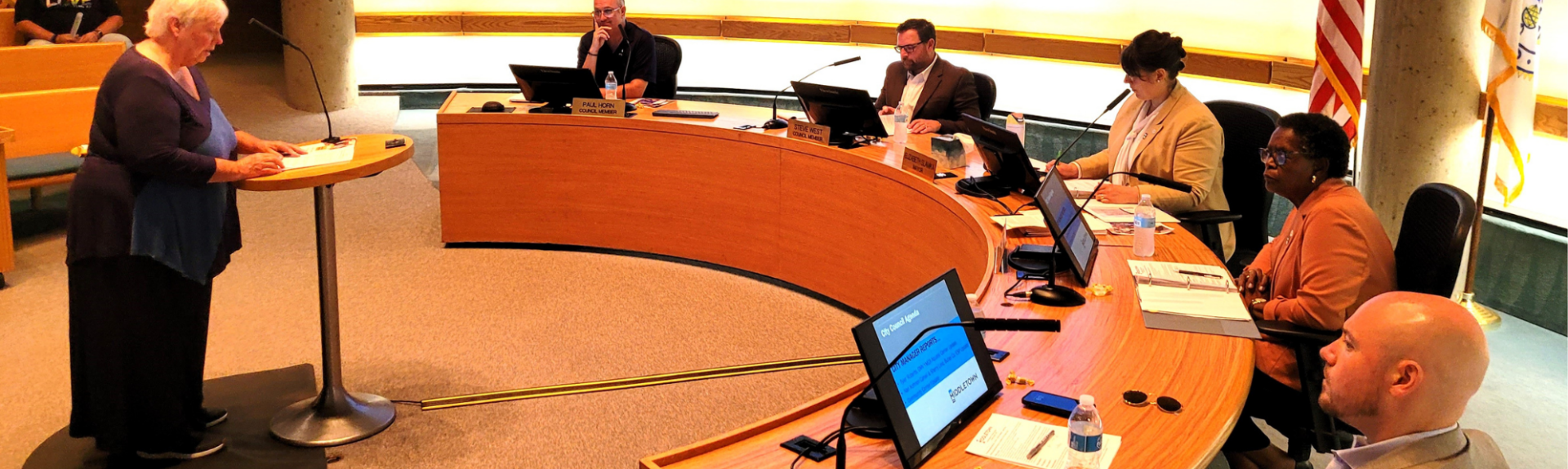 Woman speaking in front of board members