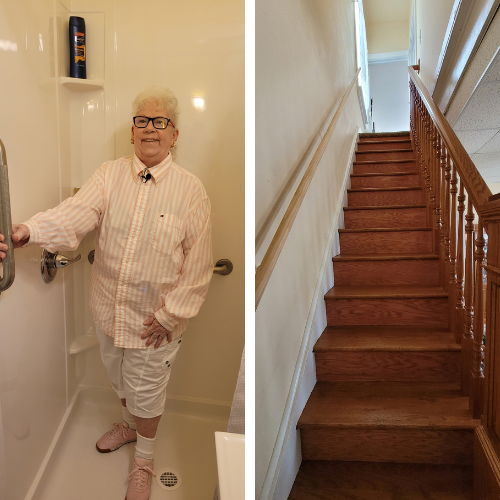 photo of a woman standing in an accessible shower; photo of a steep staircase with handrails
